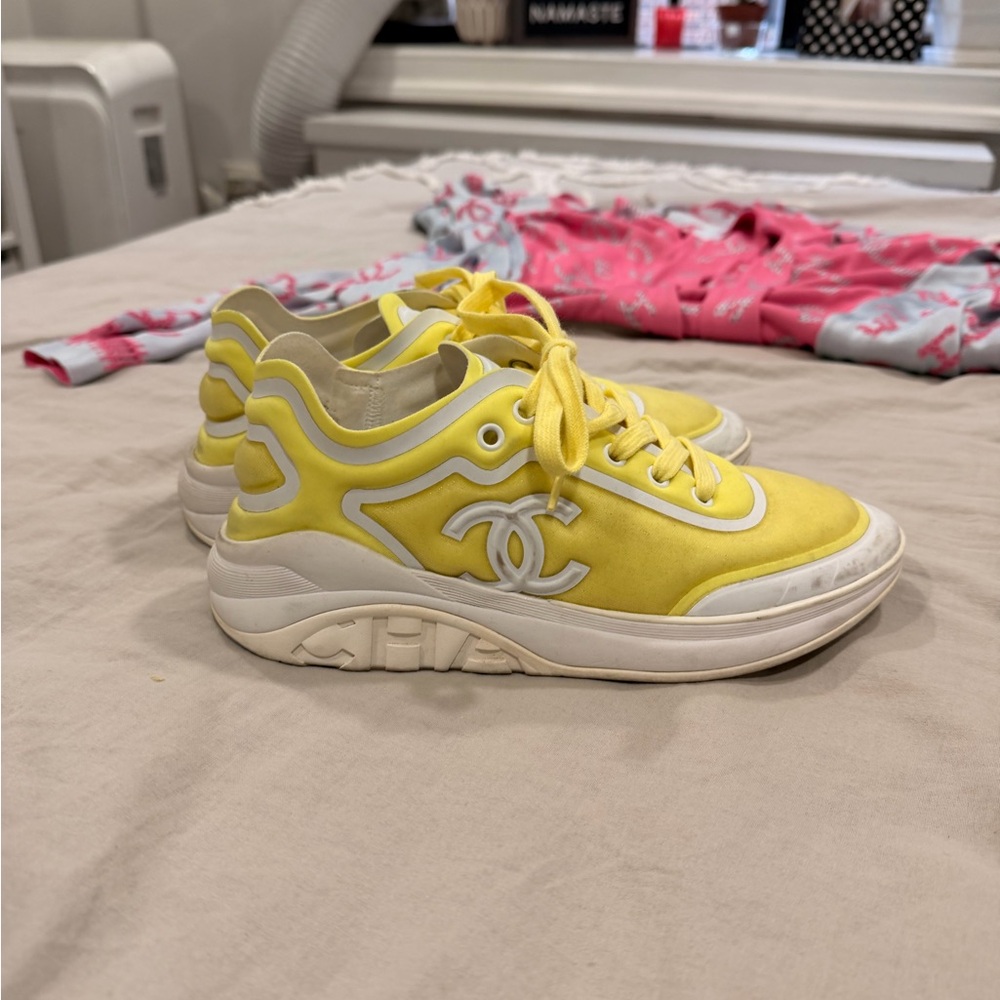 CHANEL Lemon Yellow Sneakers with White Details